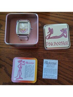 Pink Panther Watch W/ Tin Box Square Analog Face Pink Leather Band Collectible